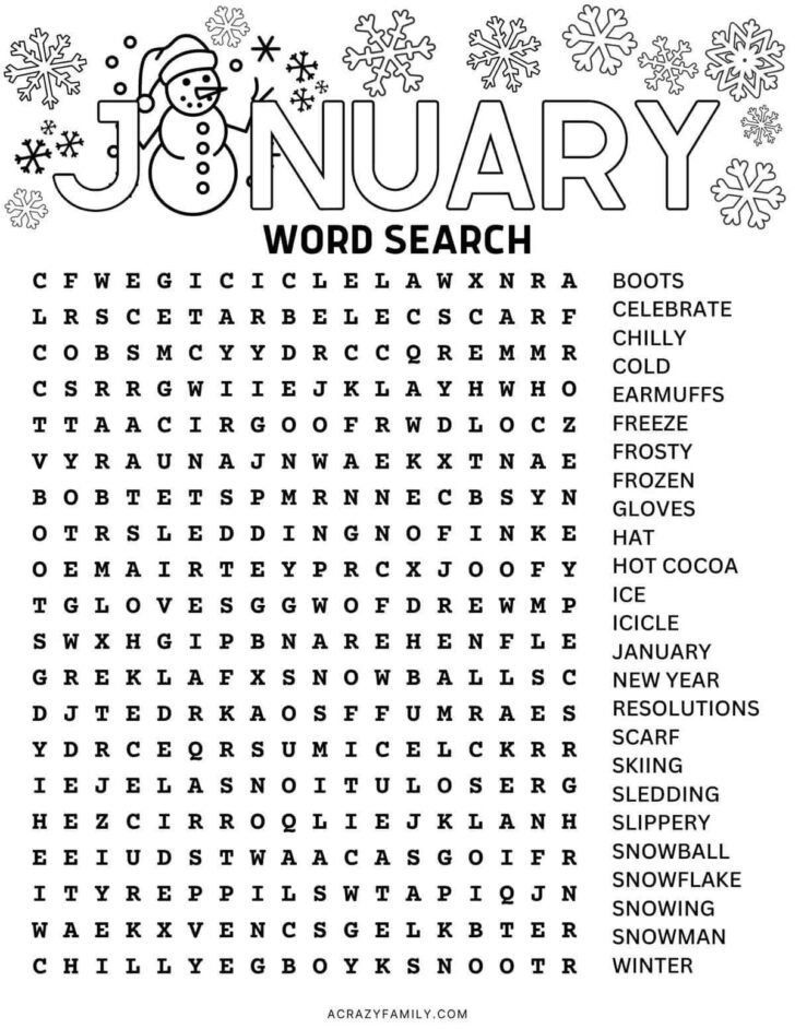 Printable January Word Search