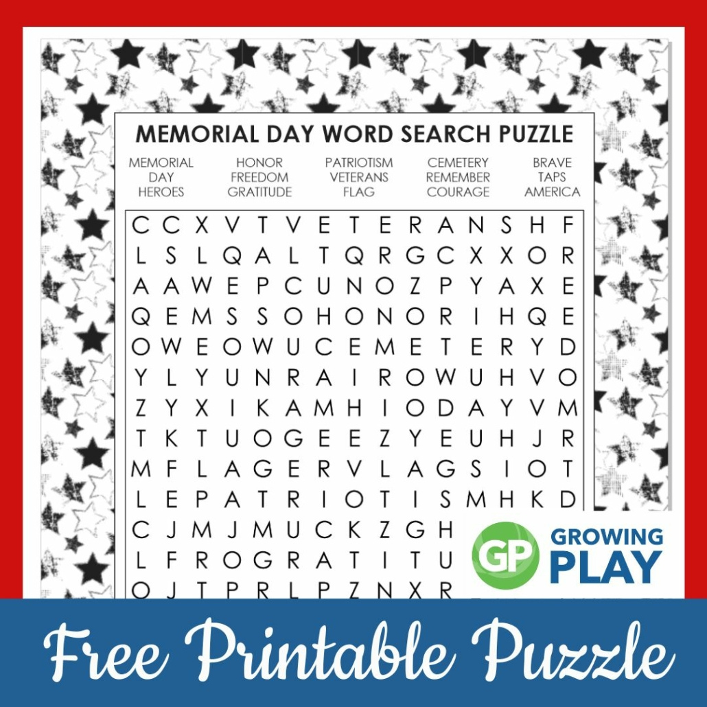 Free Printable Memorial Day Word Search - Growing Play for Memorial Day Word Search Printable