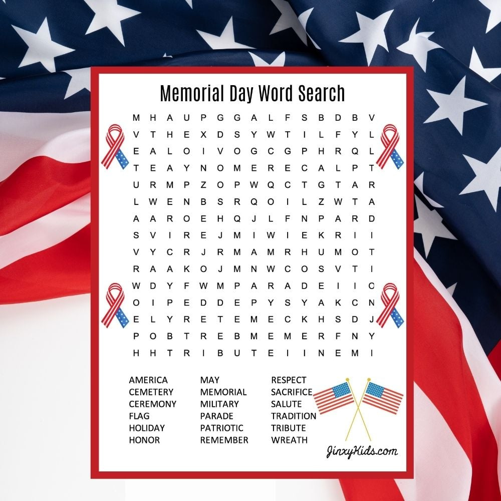 Free Printable Memorial Day Word Search Puzzle - Jinxy Kids intended for Free Printable Memorial Day Word Search