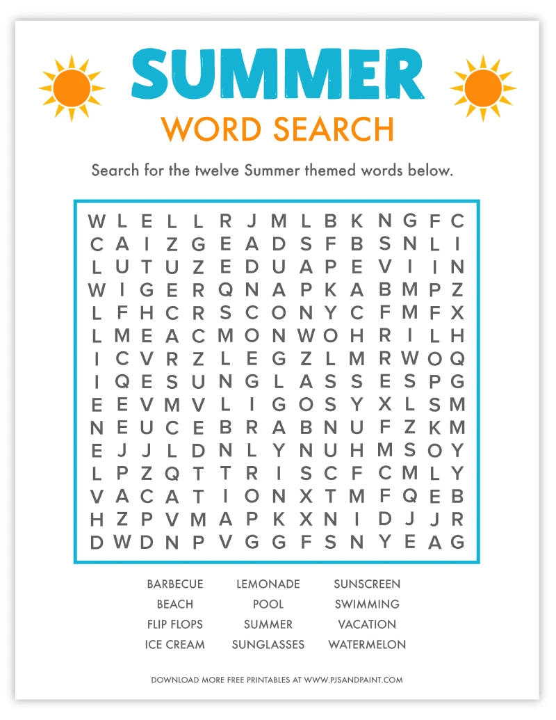 Free Printable Summer Word Search - Pjs And Paint intended for Free Printable Word Search For Kids Summer