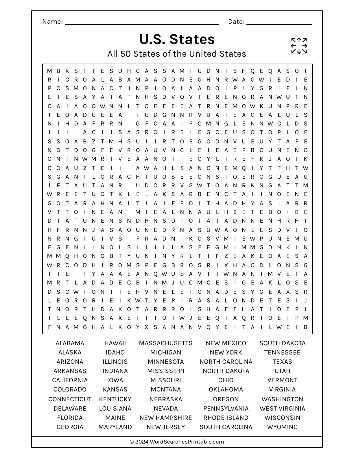 Free Printable U.s. States Word Searches in Printable Word Search 50 States