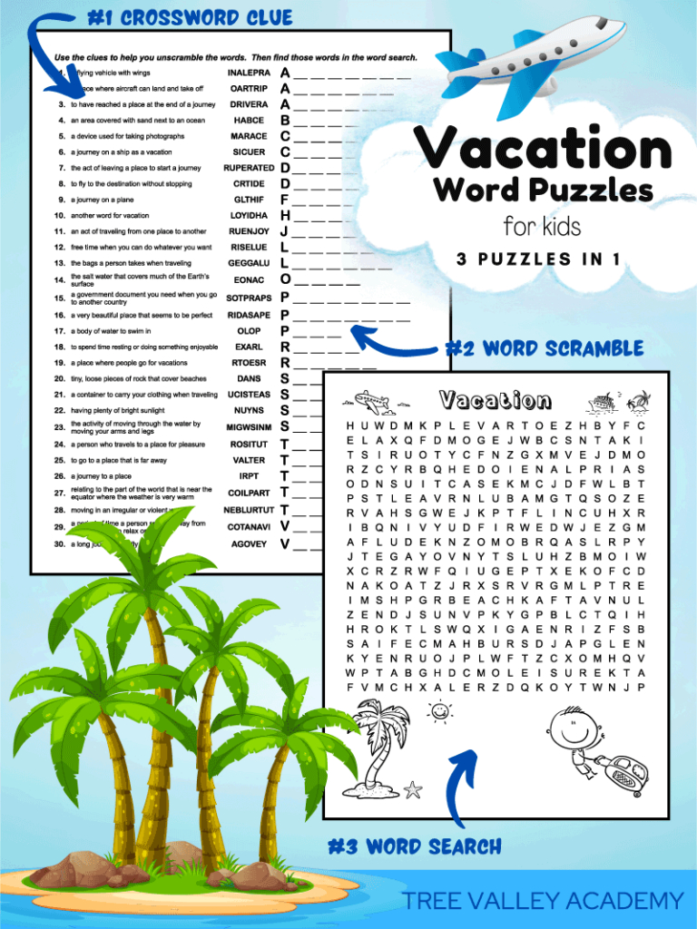 Free Printable Vacation Word Puzzle For Kids -Tree Valley Academy for Summer Puzzle Tree Valley Academy