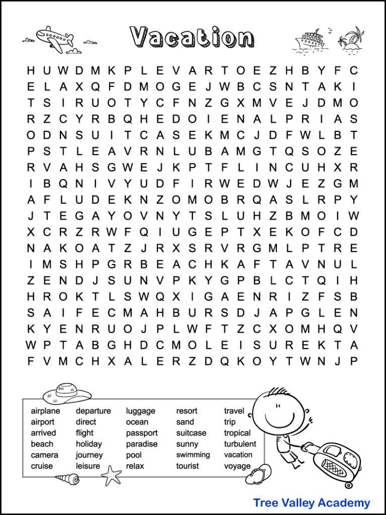 Free Printable Vacation Word Puzzle For Kids -Tree Valley Academy within Printable Word Search with Hidden Clue