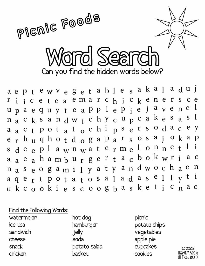 Free Printable Word Search: Picnic Foods inside Free Printable Word Search UK