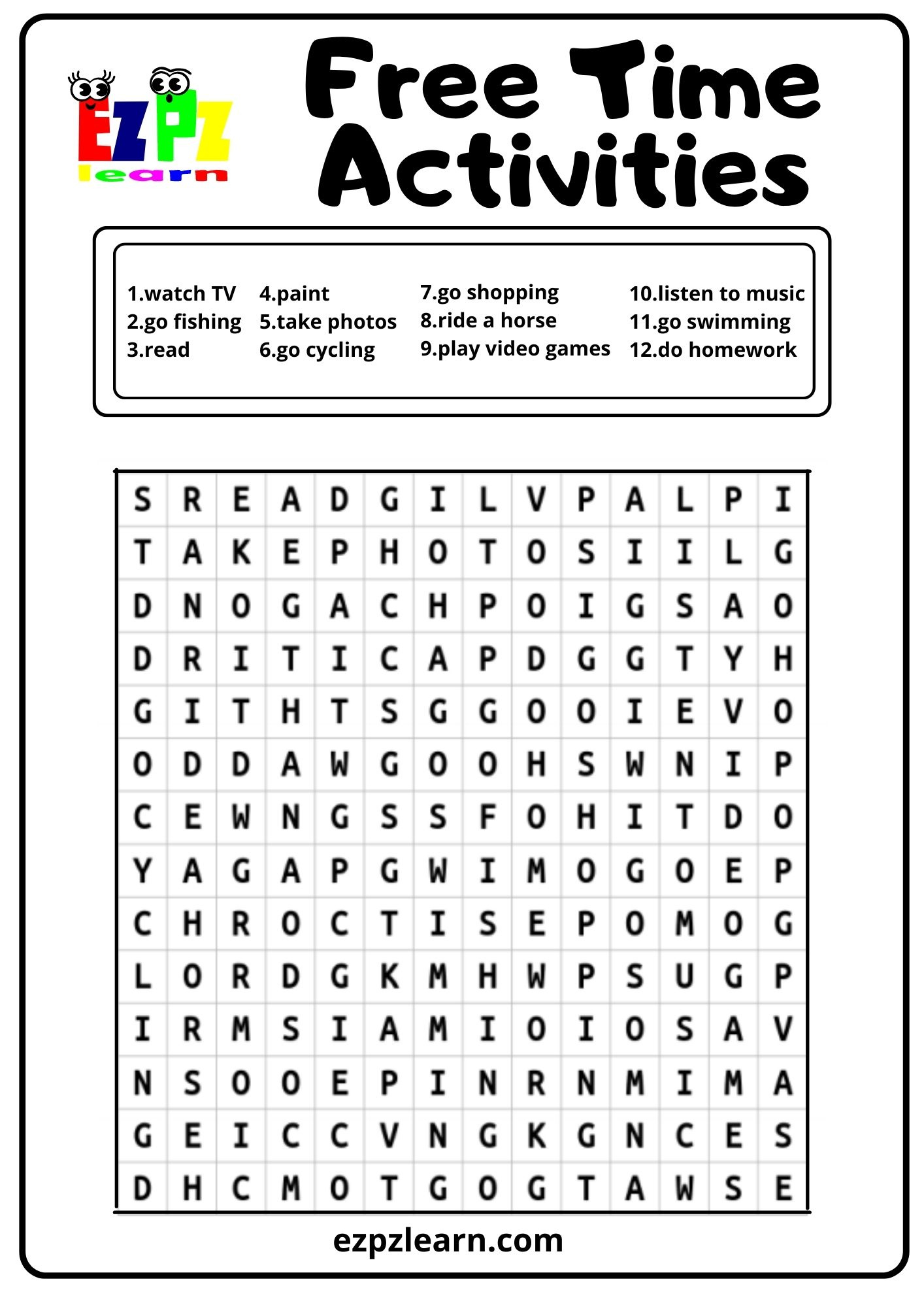 Free Time Activities Word Search - Ezpzlearn intended for Printable Word Search Hobbies