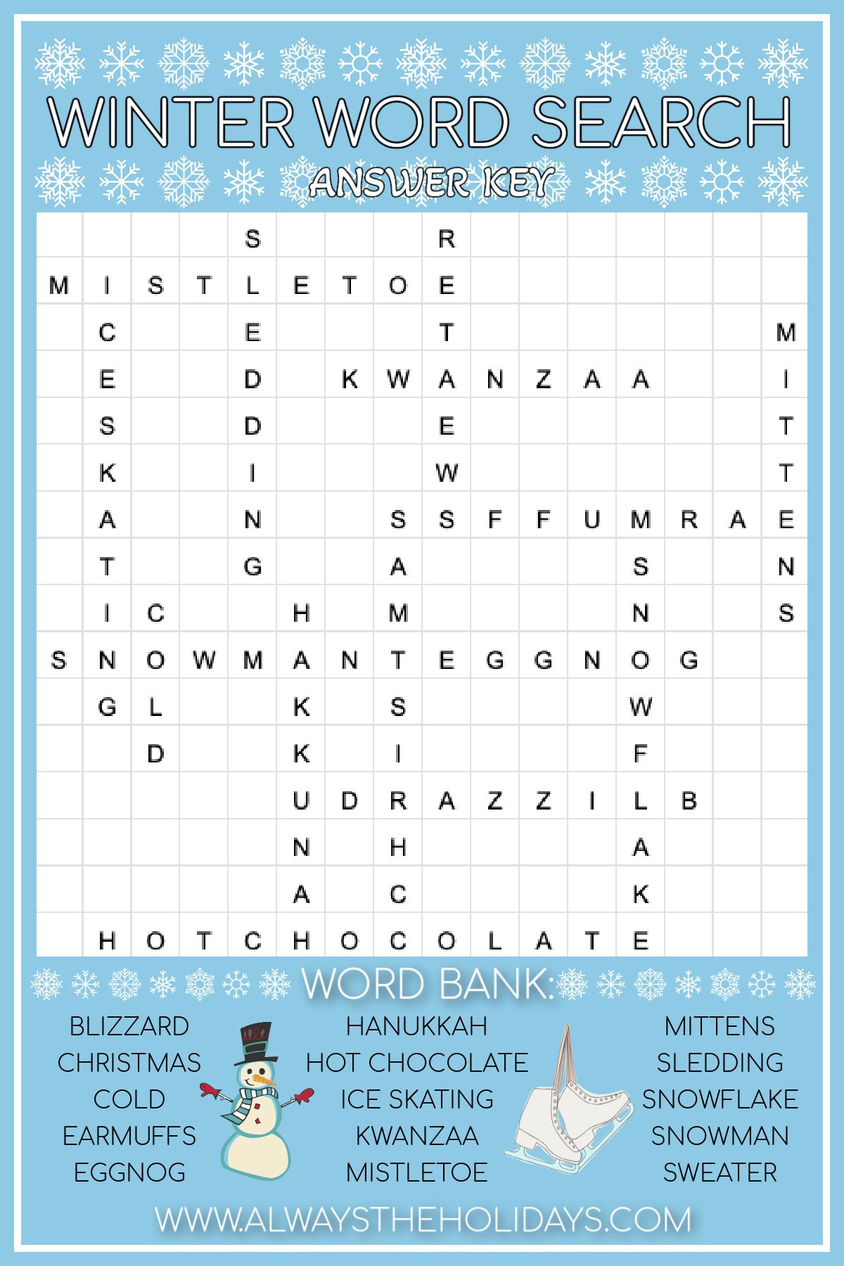 Free Winter Word Search Printable - With Answer Key Included for Free Printable Word Search Puzzles Winter Answer Key