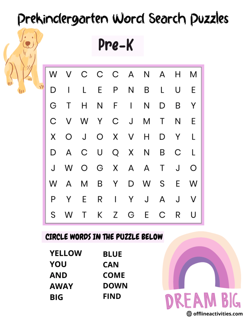 Free Word Search Printable Puzzles- Pre-K Word - Offline Activities with regard to Word Search Pre K Printable