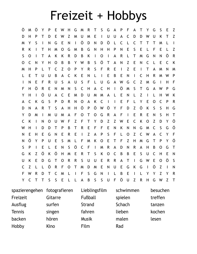 Freizeit + Hobbys Word Search - Wordmint in Printable Word Search Hobbies