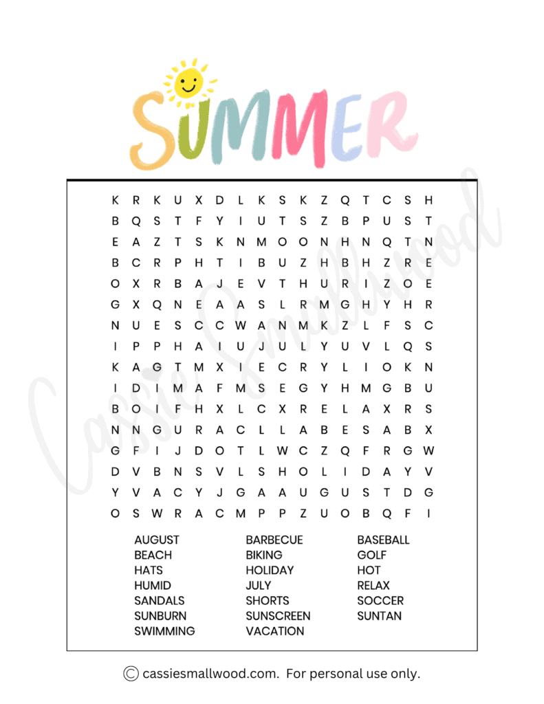 Fun Summer Word Search Printables (Free) - Cassie Smallwood with Free Printable Word Search For 11 Year Olds