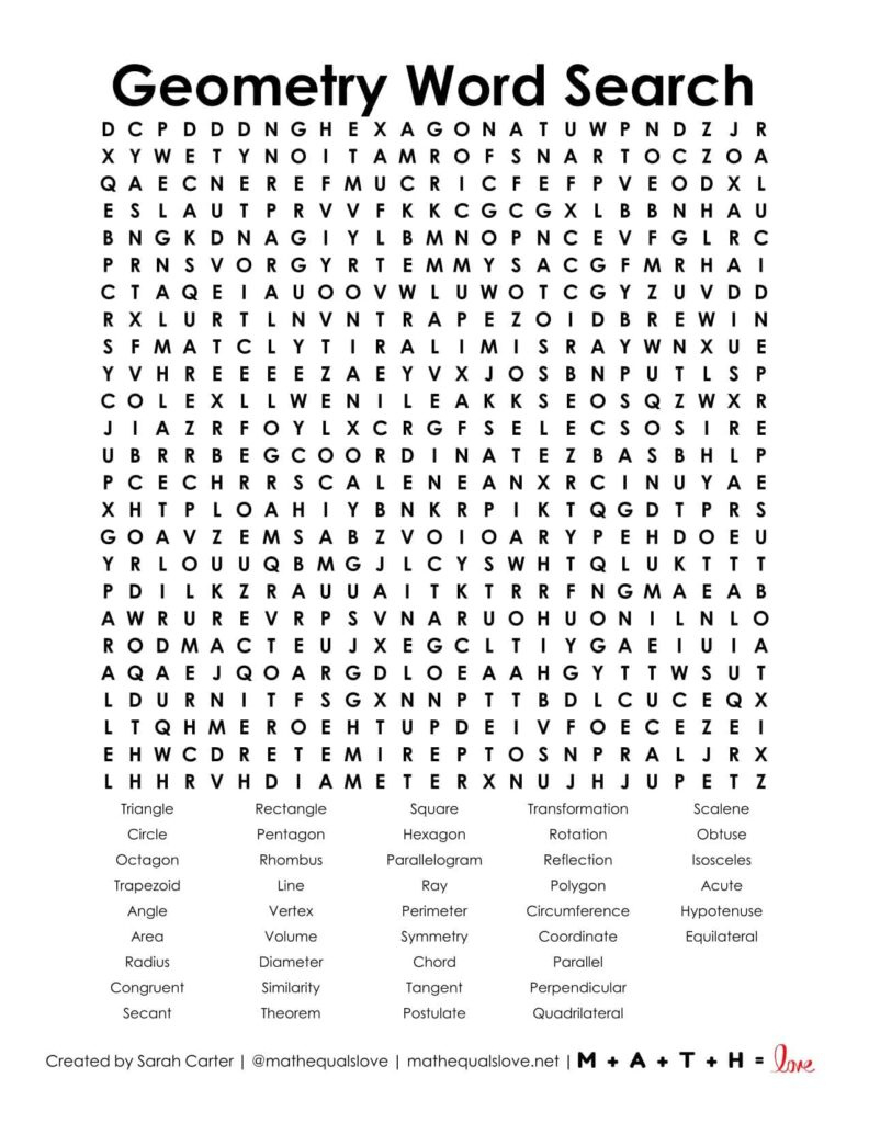 Geometry Word Search Puzzle | Math = Love in Free Printable Word Search For High School Students