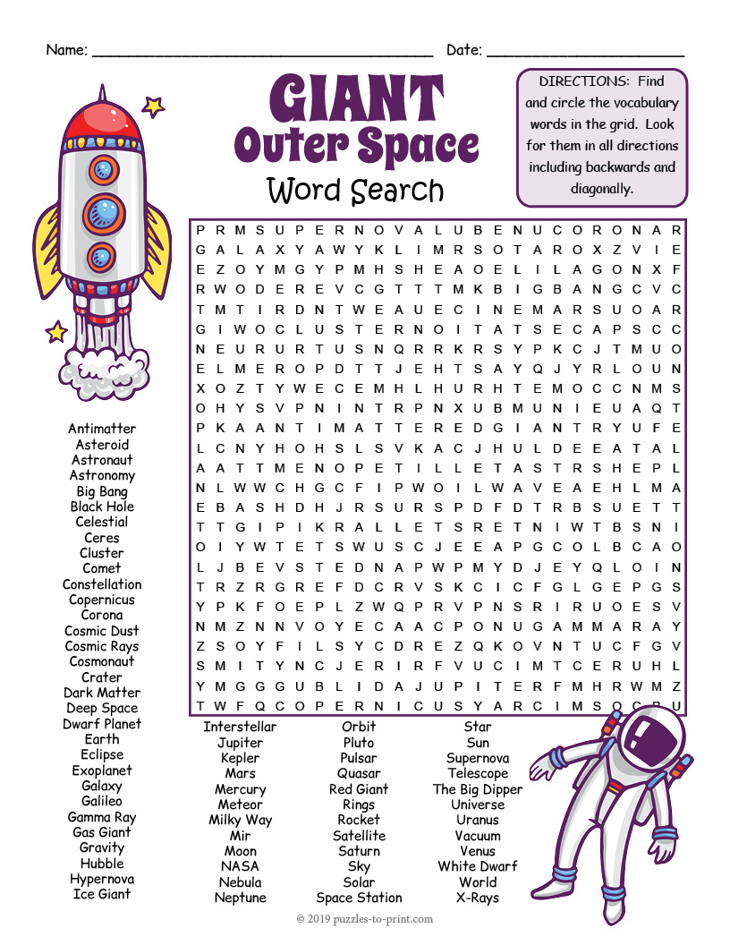 Giant Outer Space Themed Word Search Puzzle Worksheet Activity with Printable Word Search Space