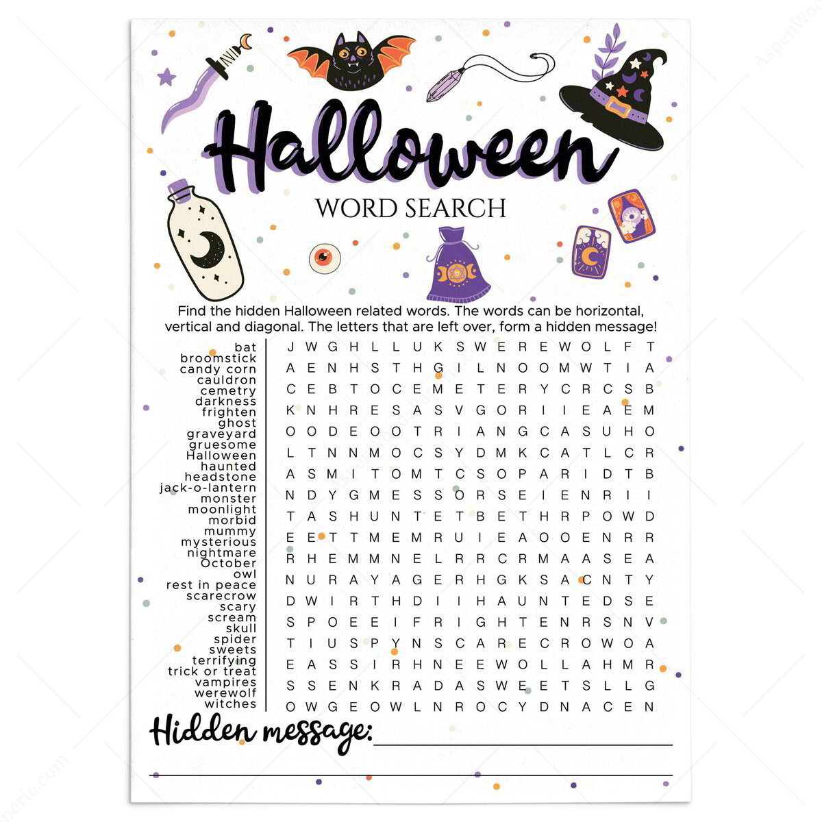 Halloween Word Find Game Printable With Hidden Message | Download Now with Word Searches with Hidden Message