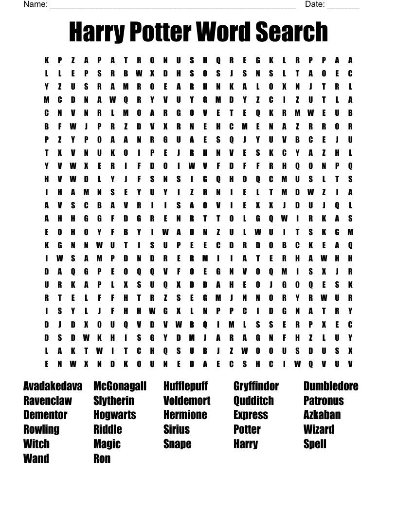 Harry Potter Word Search - Wordmint for Free Printable Word Search Harry Potter