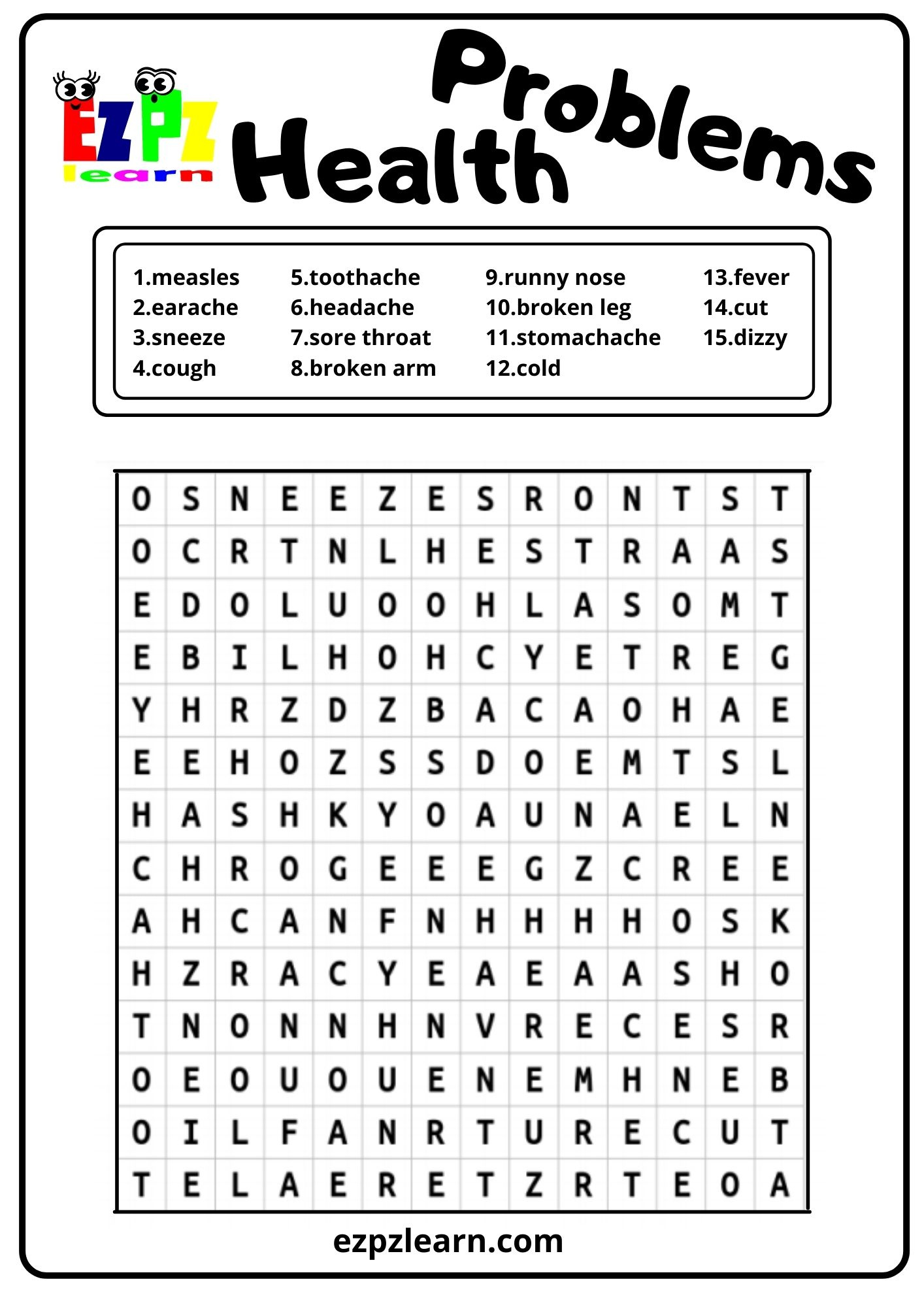Health Problems Word Search - Ezpzlearn with regard to Health Word Search Printable