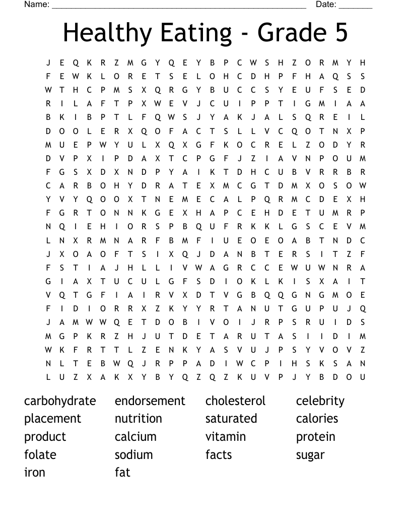 Healthy Eating - Grade 5 Word Search - Wordmint within Printable Word Search For Grade 5