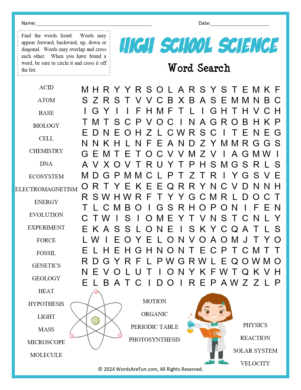 High School Science Word Search with 7th Grade Science Word Search Printable