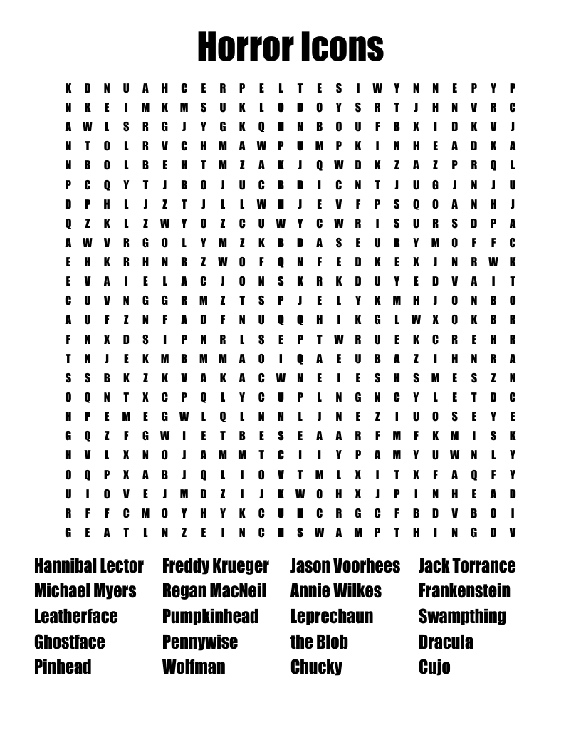 Horror Icons Word Search - Wordmint inside Horror Movie Word Search Printable