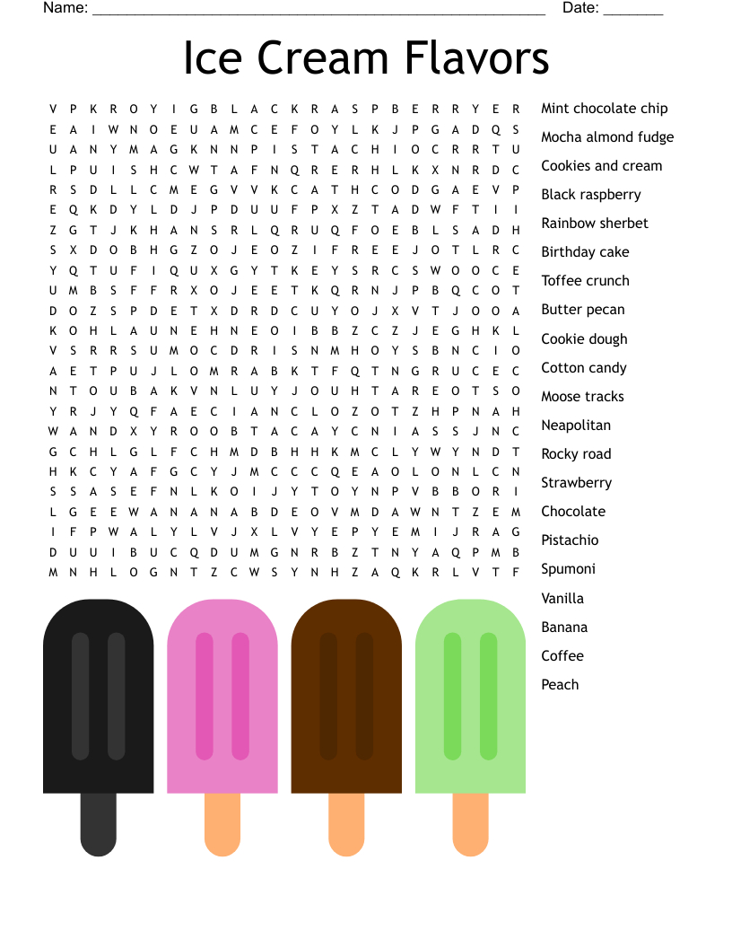 Ice Cream Flavors Word Search - Wordmint in Printable Word Search Ice Cream