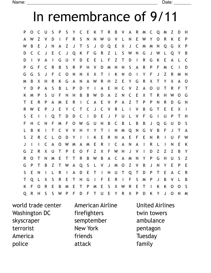 In Remembrance Of 9/11 Word Search - Wordmint in 9/11 Word Search Printable