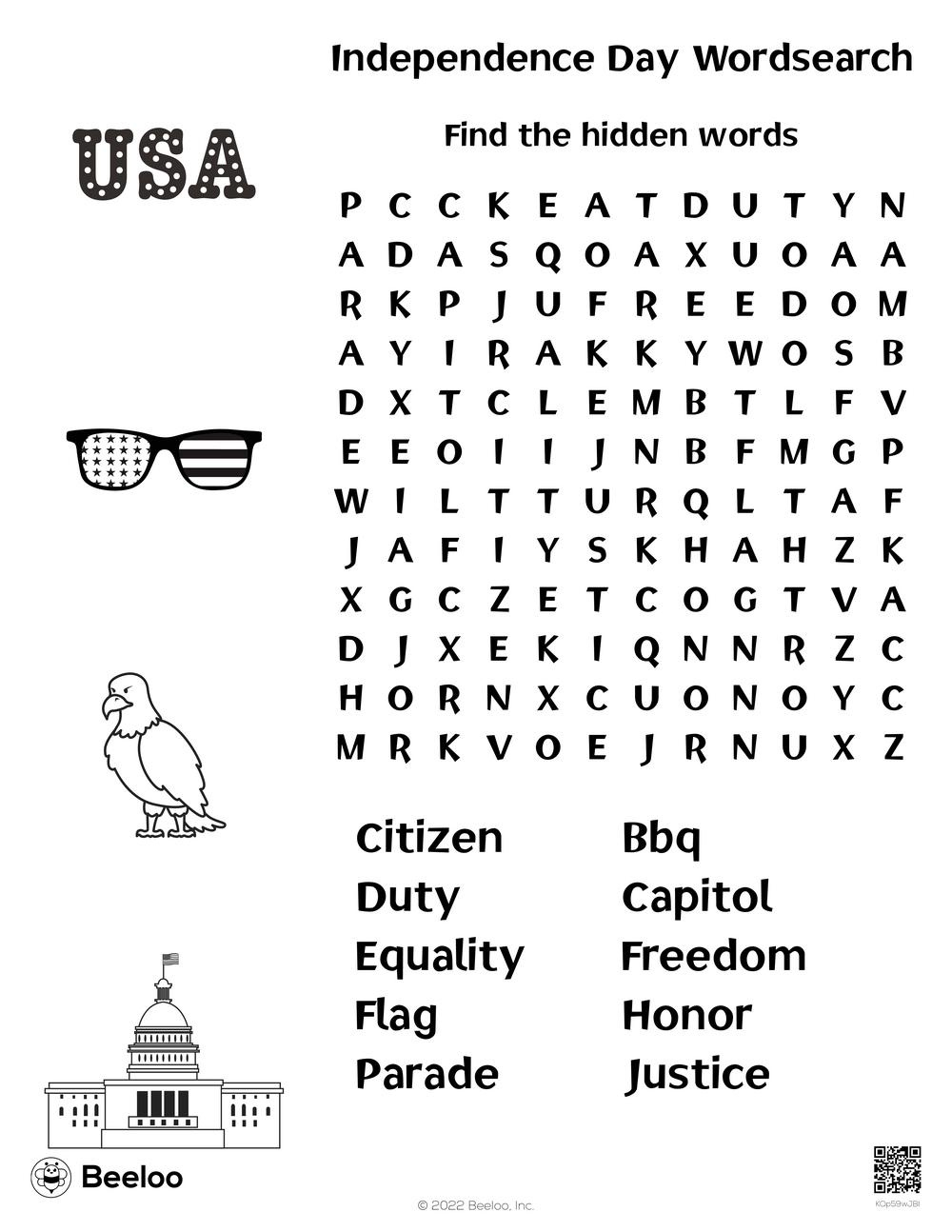 Independence Day Wordsearch • Beeloo Printable Crafts And for Independence Day Printable Word Search