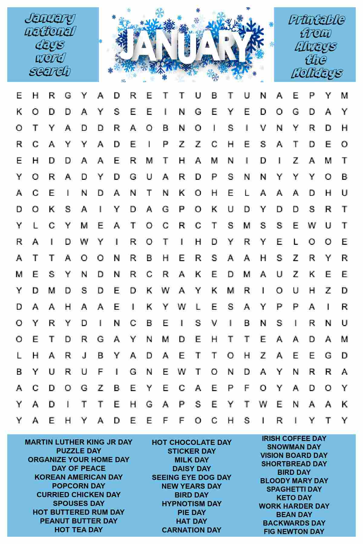 January Word Search Printable - National Day Word Find Puzzle for Free Printable Word Search For January