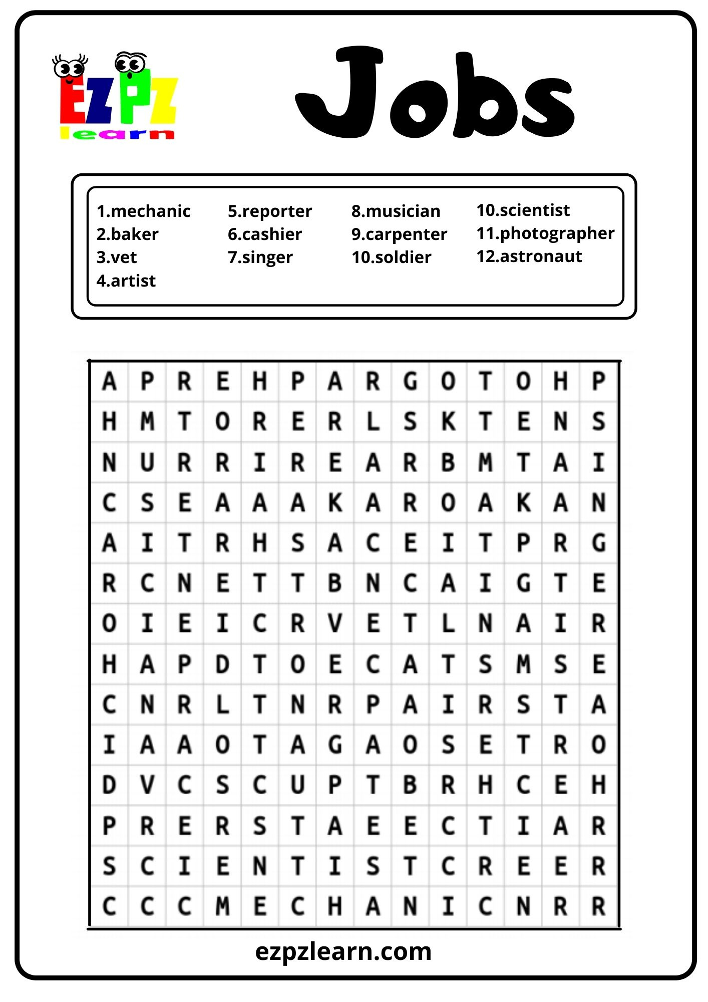 Jobs 2 Word Search - Ezpzlearn inside Free Printable Word Search For Grade 2