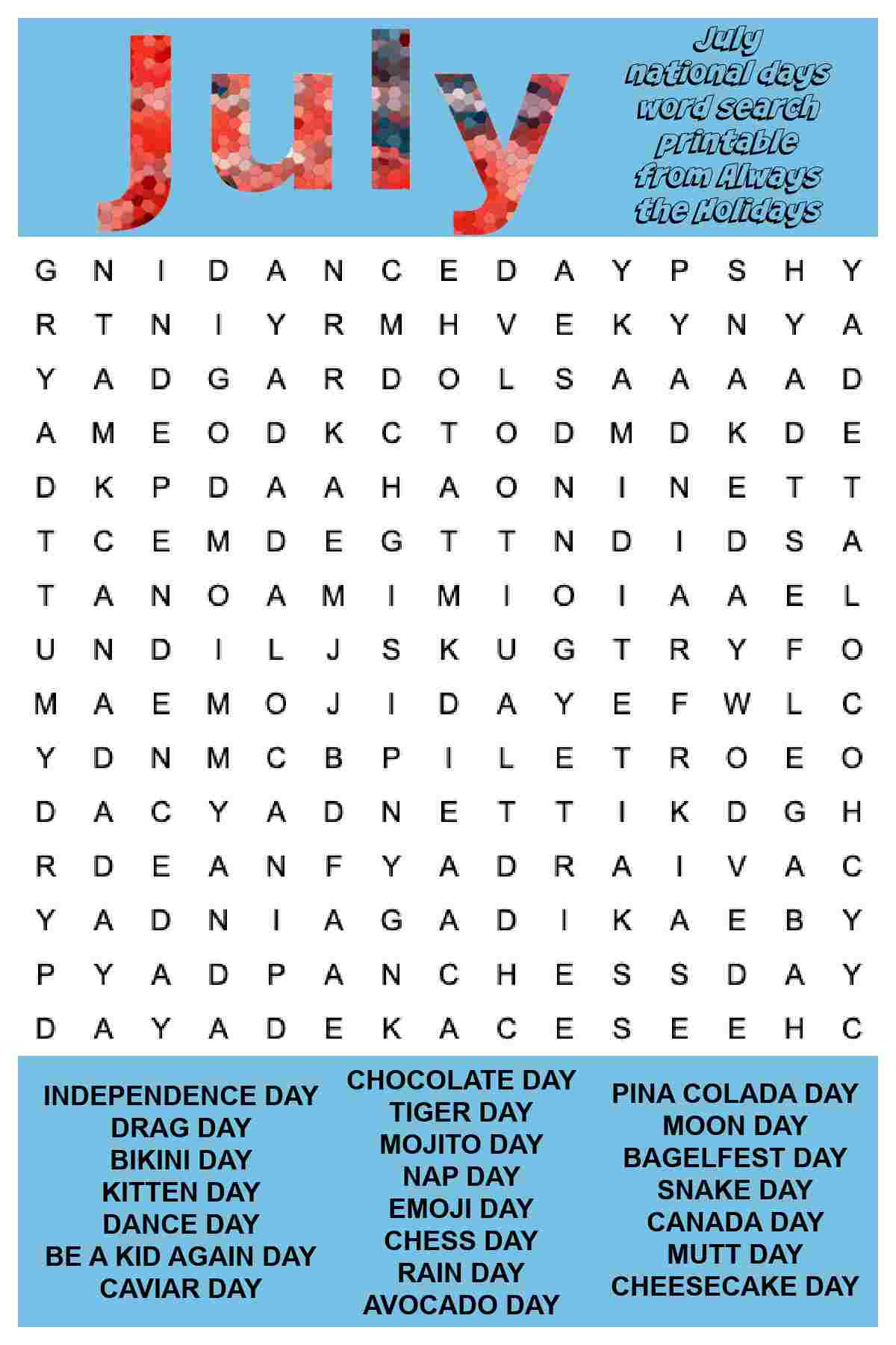 July Word Search Printable - National Days Word Find Puzzle for Free Printable Word Search July