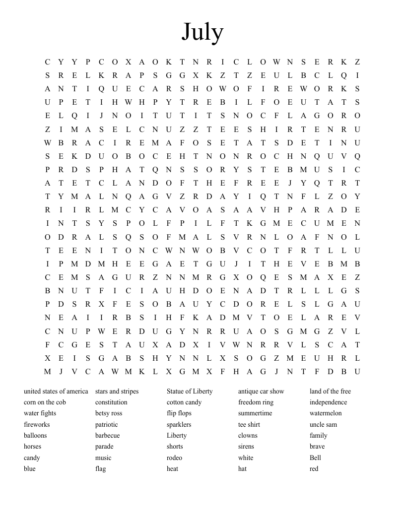 July Word Search - Wordmint pertaining to July Word Search Printable