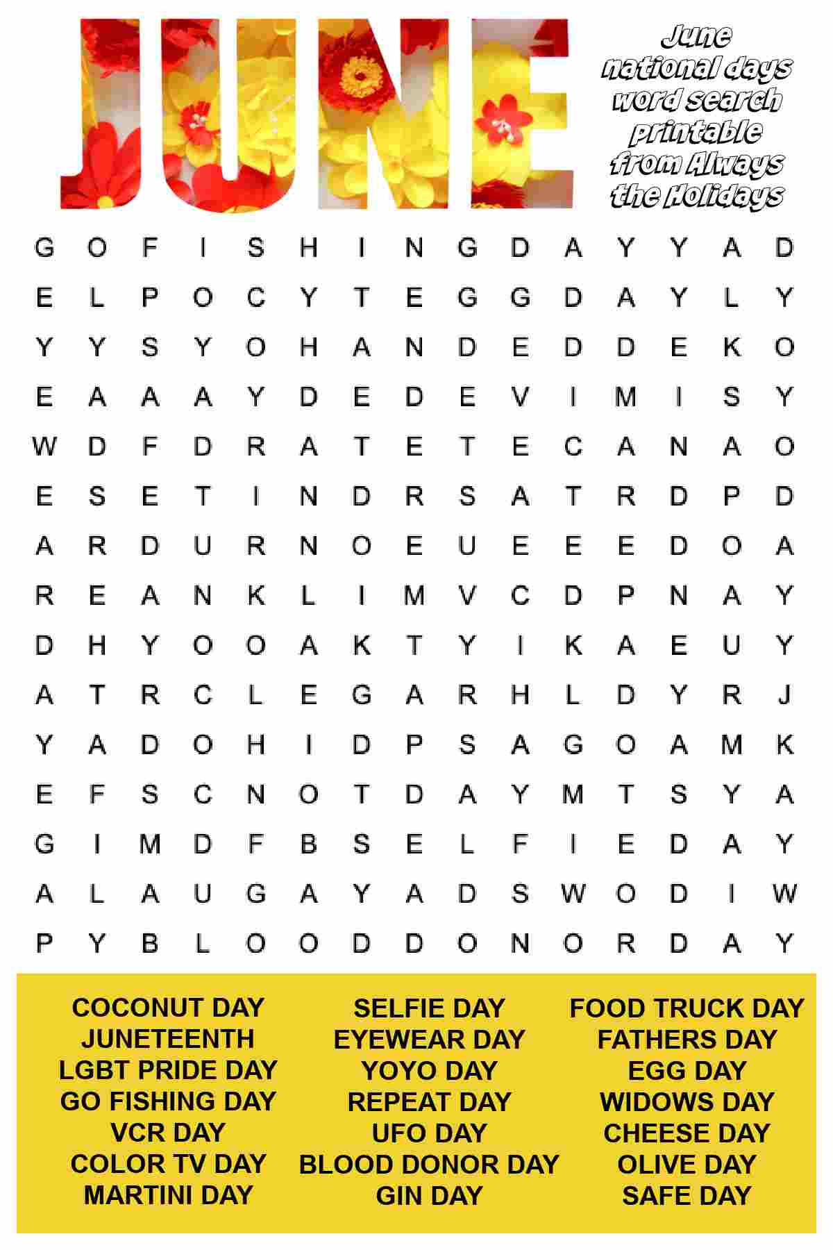 June Word Search Printable - National Days Word Find Puzzle regarding June Word Search Printable
