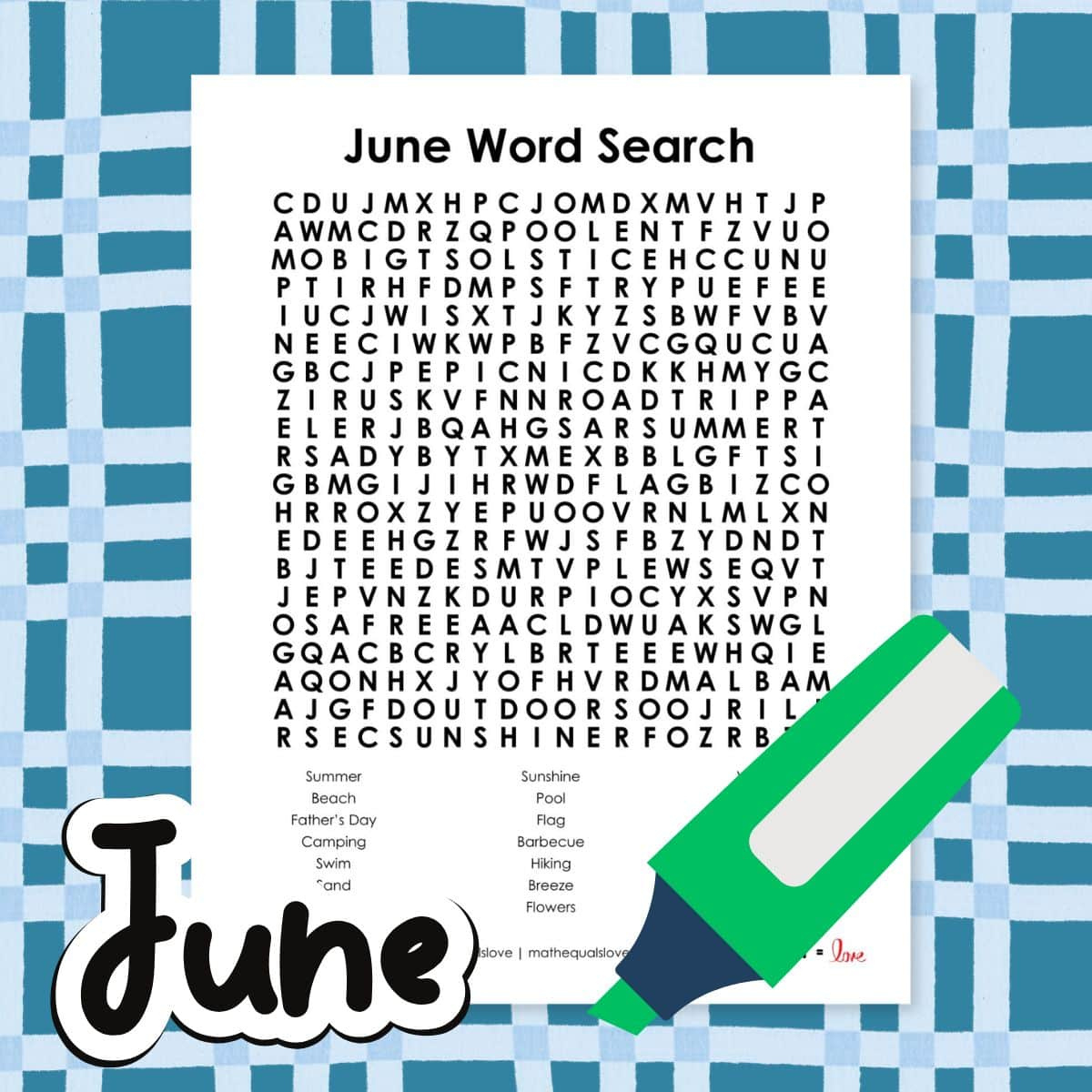 June Word Search Puzzle | Math = Love in Printable Word Search June