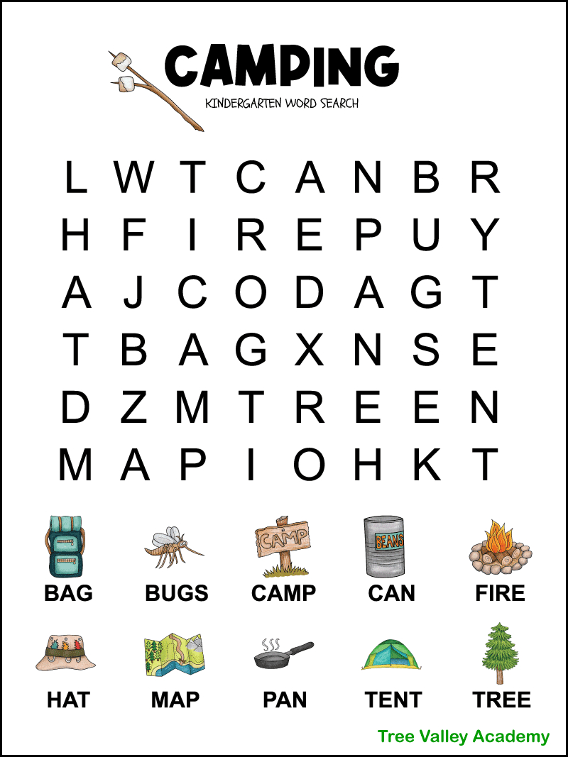 Kindergarten Camping Word Search - Tree Valley Academy within Kindergarten Word Search Printable Free