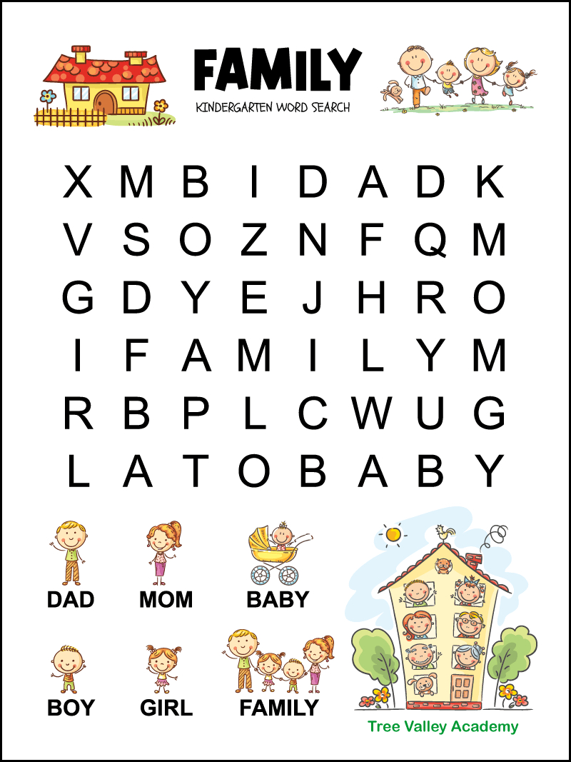 Kindergarten Family Word Search - Tree Valley Academy throughout Word Search For Preschoolers Printable