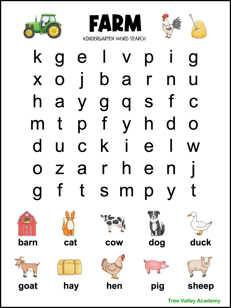 Kindergarten Farm Word Search - Tree Valley Academy intended for Kindergarten Word Search Printable Free