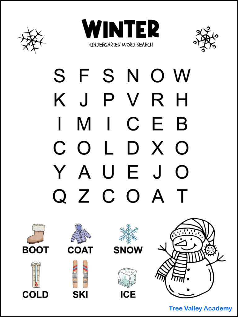 Kindergarten Winter Word Search - Tree Valley Academy with Free Printable Word Search For 6 Year Olds