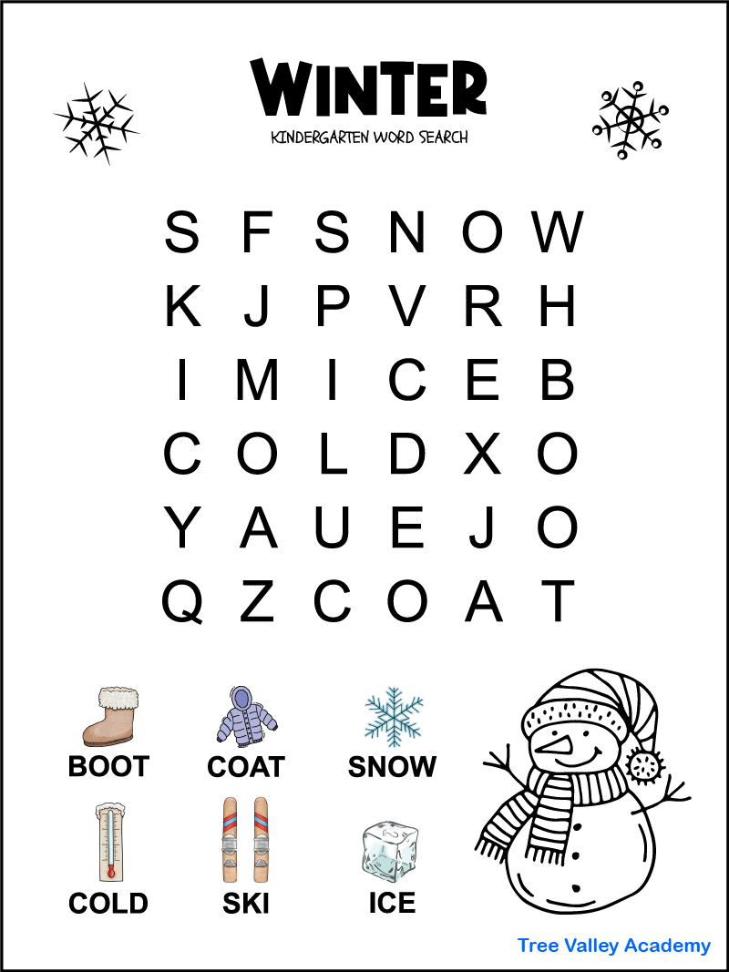Kindergarten Winter Word Search - Tree Valley Academy within Word Search For Preschoolers Printable