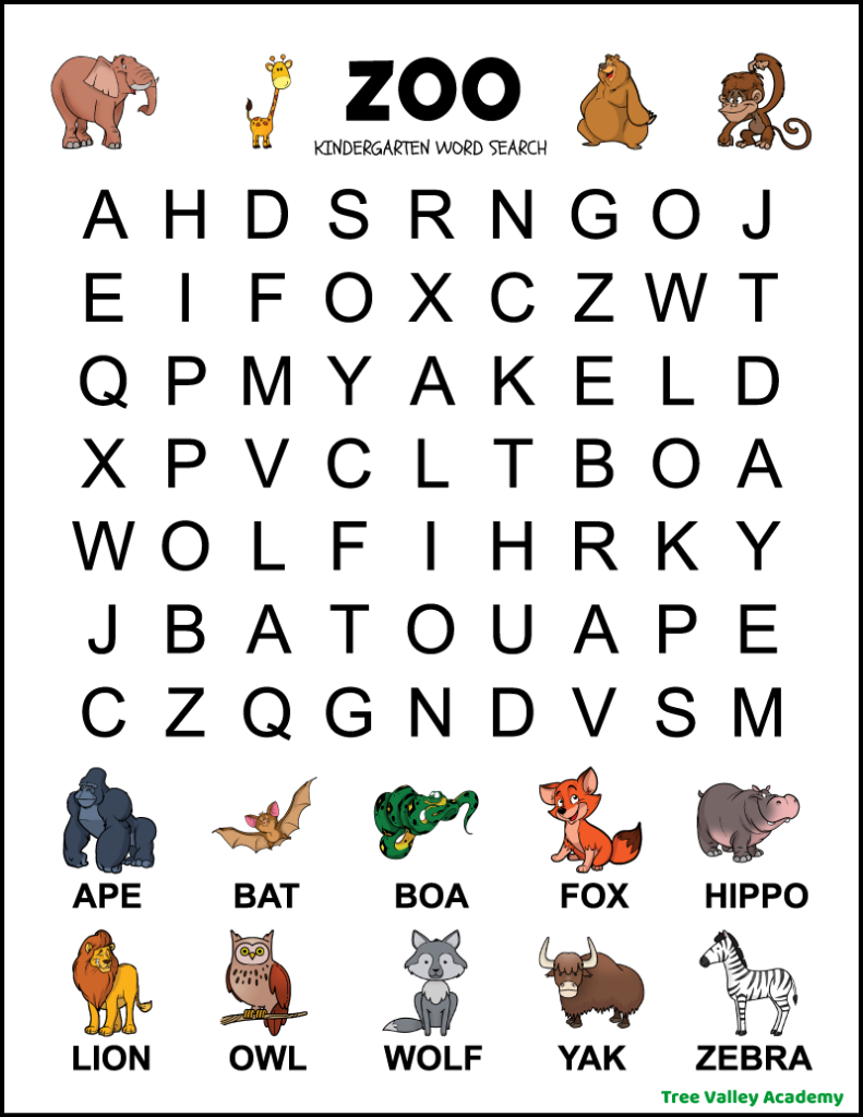 Kindergarten Zoo Animal Word Search - Tree Valley Academy for Printable Word Search Zoo Animals