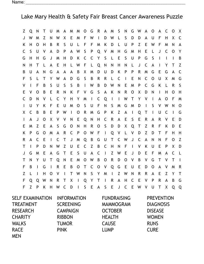 Lake Mary Health &amp;amp; Safety Fair Breast Cancer Awareness Puzzle Word throughout Free Printable Breast Cancer Word Search