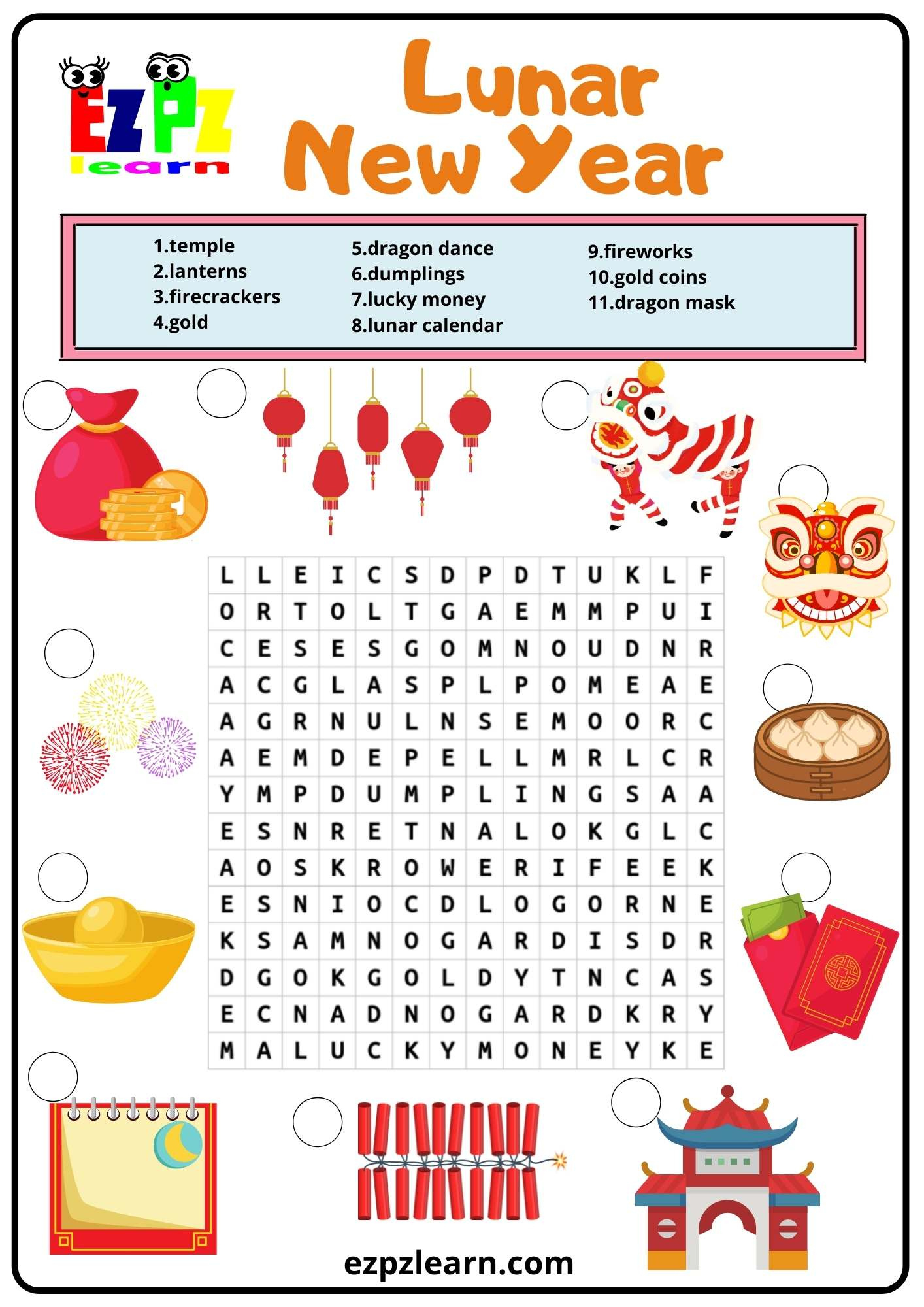 Lunar (Chinese) New Year Word Search - Ezpzlearn inside Lunar New Year Word Search Printable