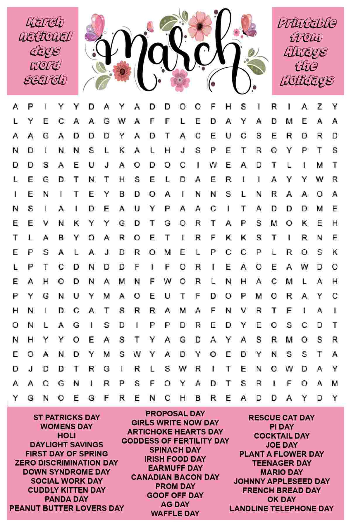 March Word Search Printable - National Days Word Find Puzzles with Free Printable Word Search For March