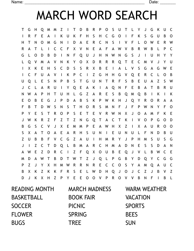 March Word Search - Wordmint for Free Printable March Word Search