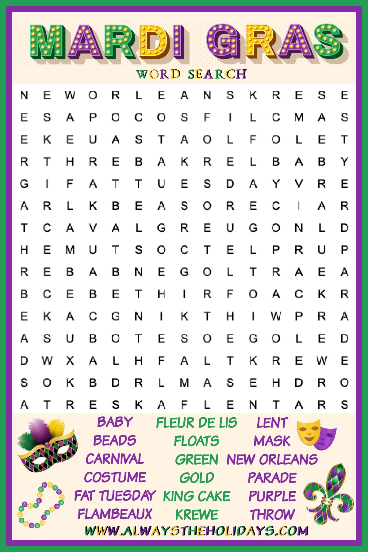 Mardi Gras Word Search With Answers - Free Mardi Gras Printable intended for Mardi Gras Word Search Printable