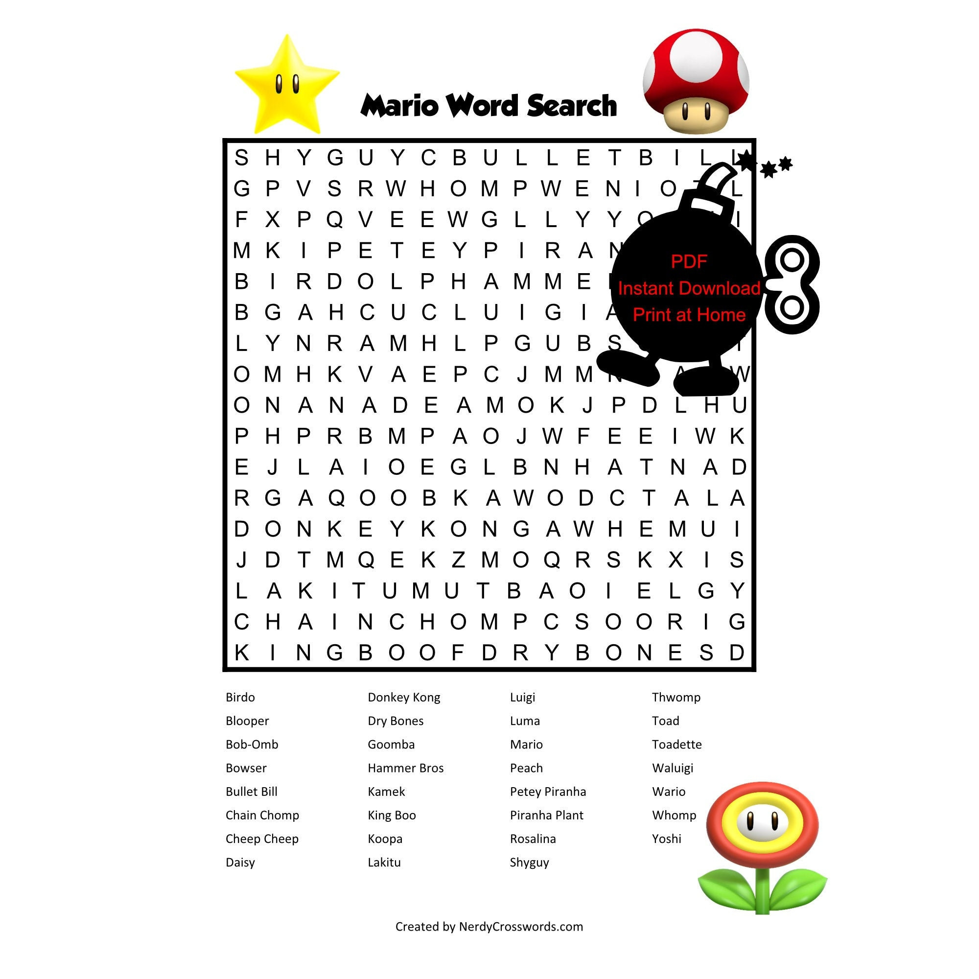 Mario Word Search - Digital Download - Etsy for Mario Word Search Printable