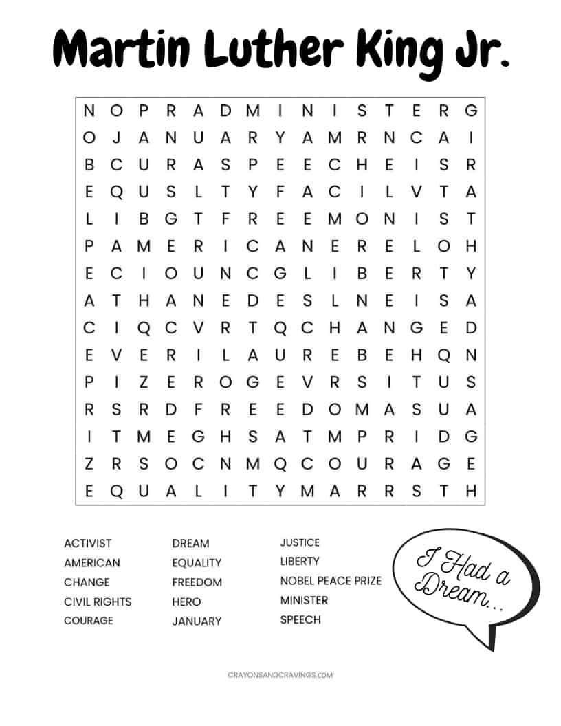 Martin Luther King Jr. Free Printable Word Search Worksheet for Martin Luther King Word Search Free Printable