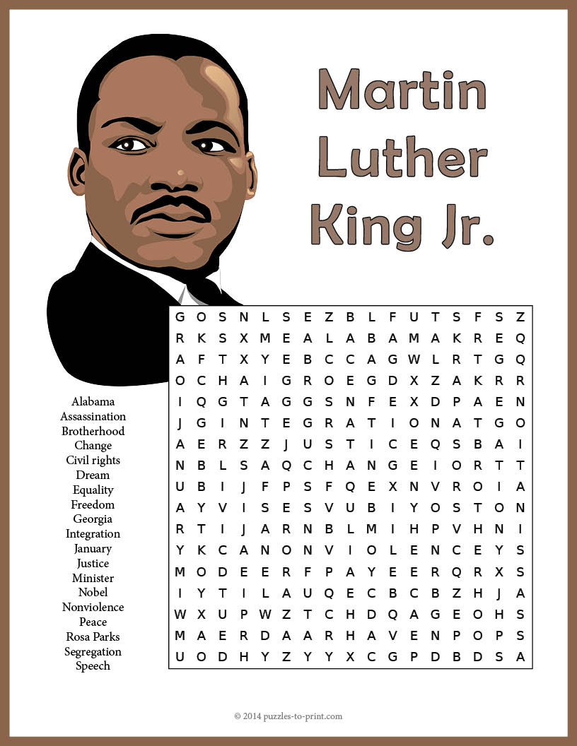 Martin Luther King Jr. Word Search within Mlk Word Search Printable