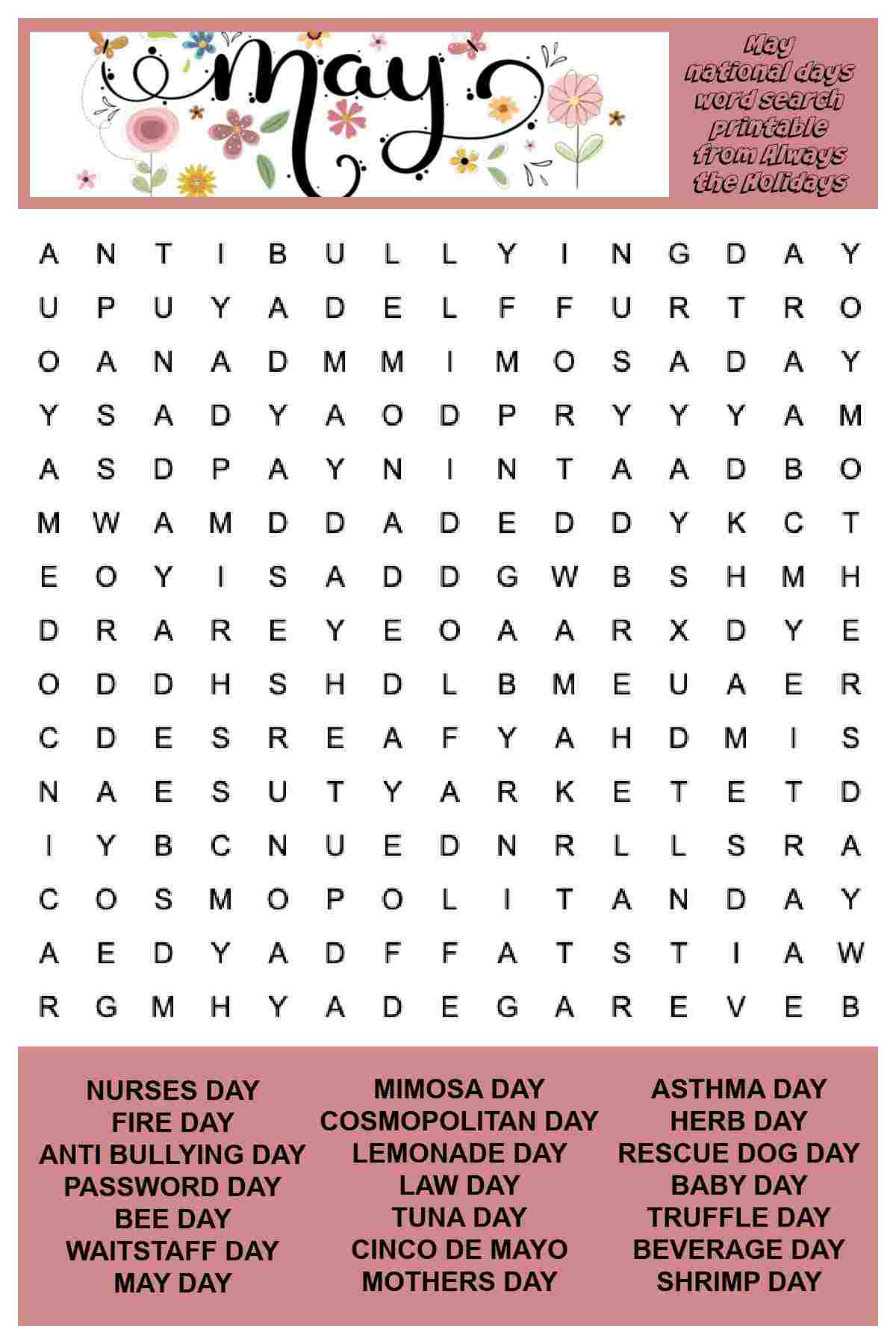 May Word Search Printable - National Days Word Find Puzzle with regard to May Word Search Free Printable