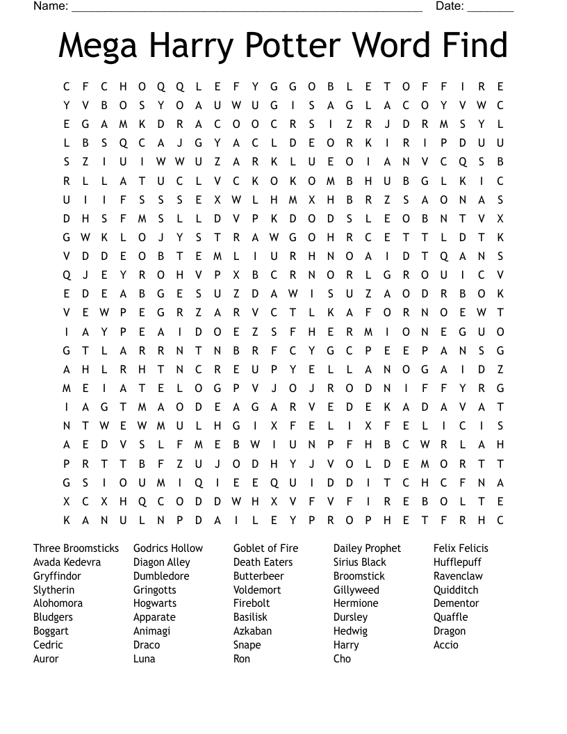 Mega Harry Potter Word Find Word Search - Wordmint in Harry Potter Word Search Printable