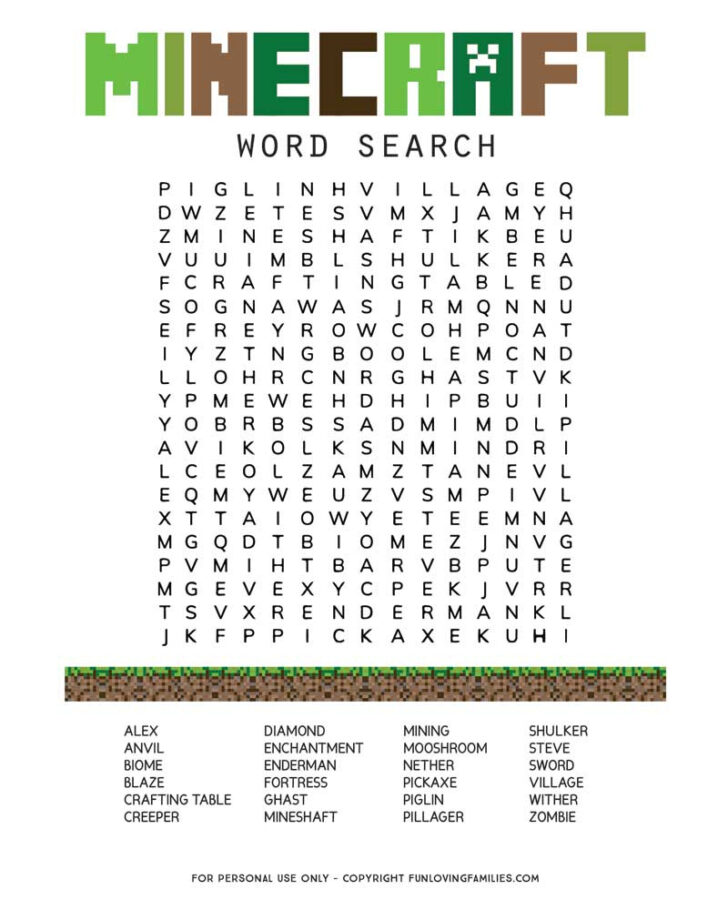 Minecraft Word Search Printable