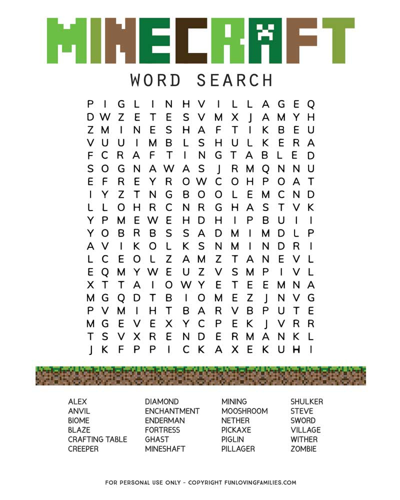 Minecraft Word Search - Fun Loving Families for Minecraft Word Search Printable
