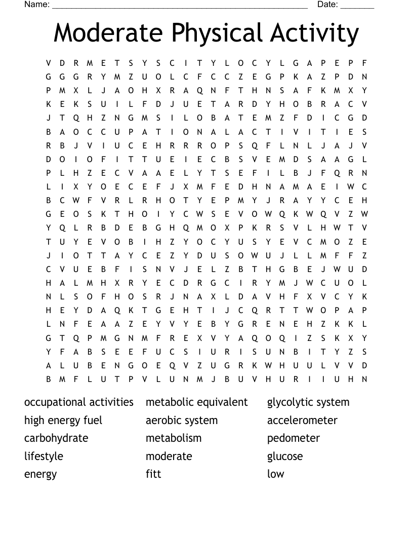 Moderate Physical Activity Word Search - Wordmint in Printable Word Search Medium Difficulty
