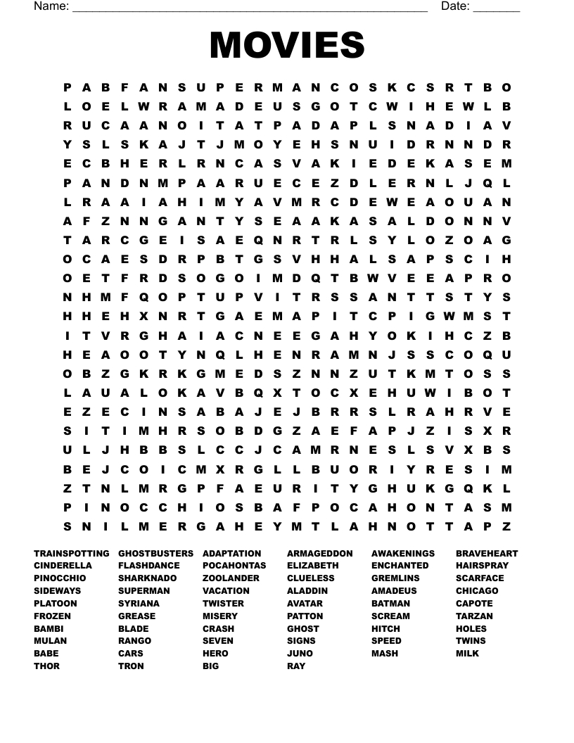 Movies Word Search - Wordmint with regard to Movie Word Search Printable